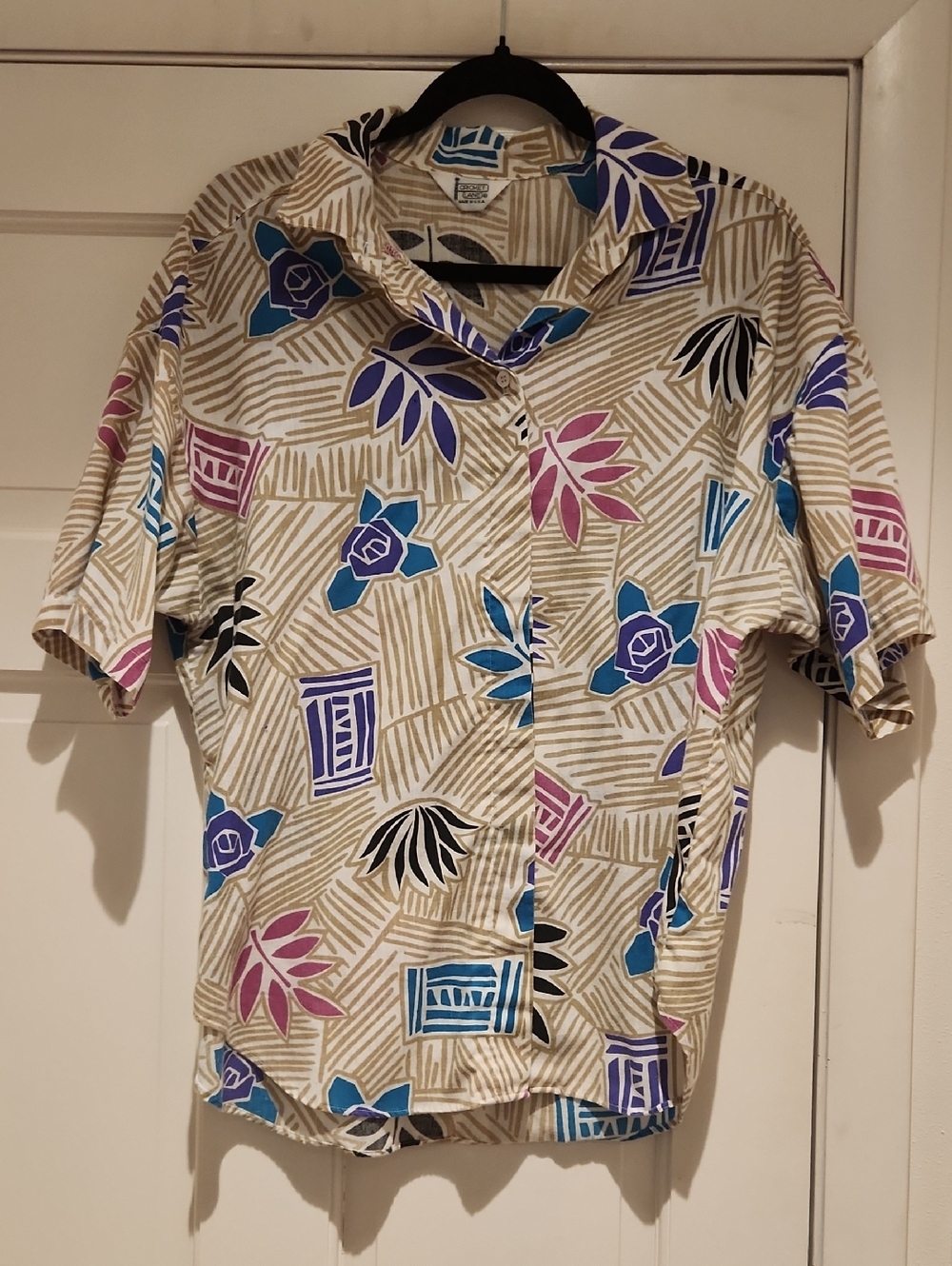 VTG Cricket Lane Beige Tropical Print Short-Sleeve Shirt Made In USA